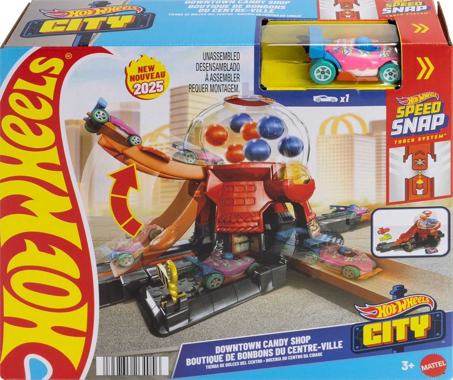 Hot Wheels Downtown Candy Shop Playset &amp; 1:64 Scale Die-Cast Toy Car, Speed Snap Track